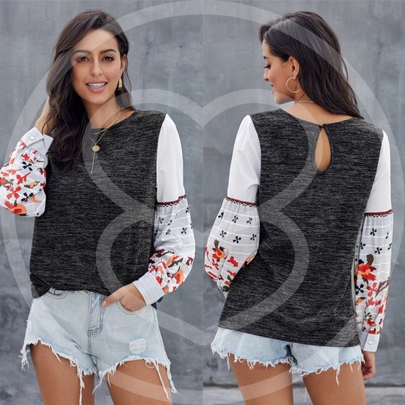 boho chic floral print sleeve Blouse - GREY - Picture 5 of 6